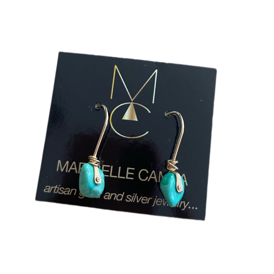 Turquoise gold dangles by Maribelle Campa