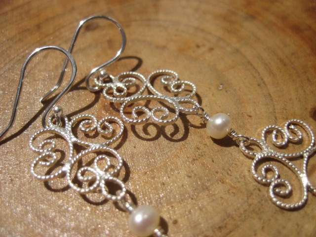 Artisan Filigree Silver Pearl Earrings by Maribelle Campa