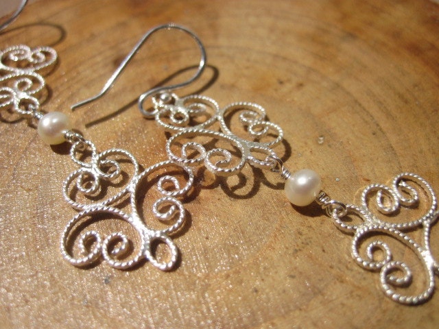 Artisan Filigree Silver Pearl Earrings by Maribelle Campa