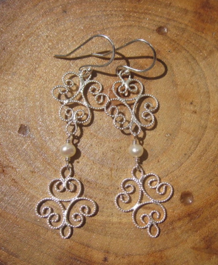 Artisan Filigree Silver Pearl Earrings by Maribelle Campa