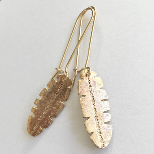 Gold and Brass Banana Leaf Earrings by Maribelle Campa