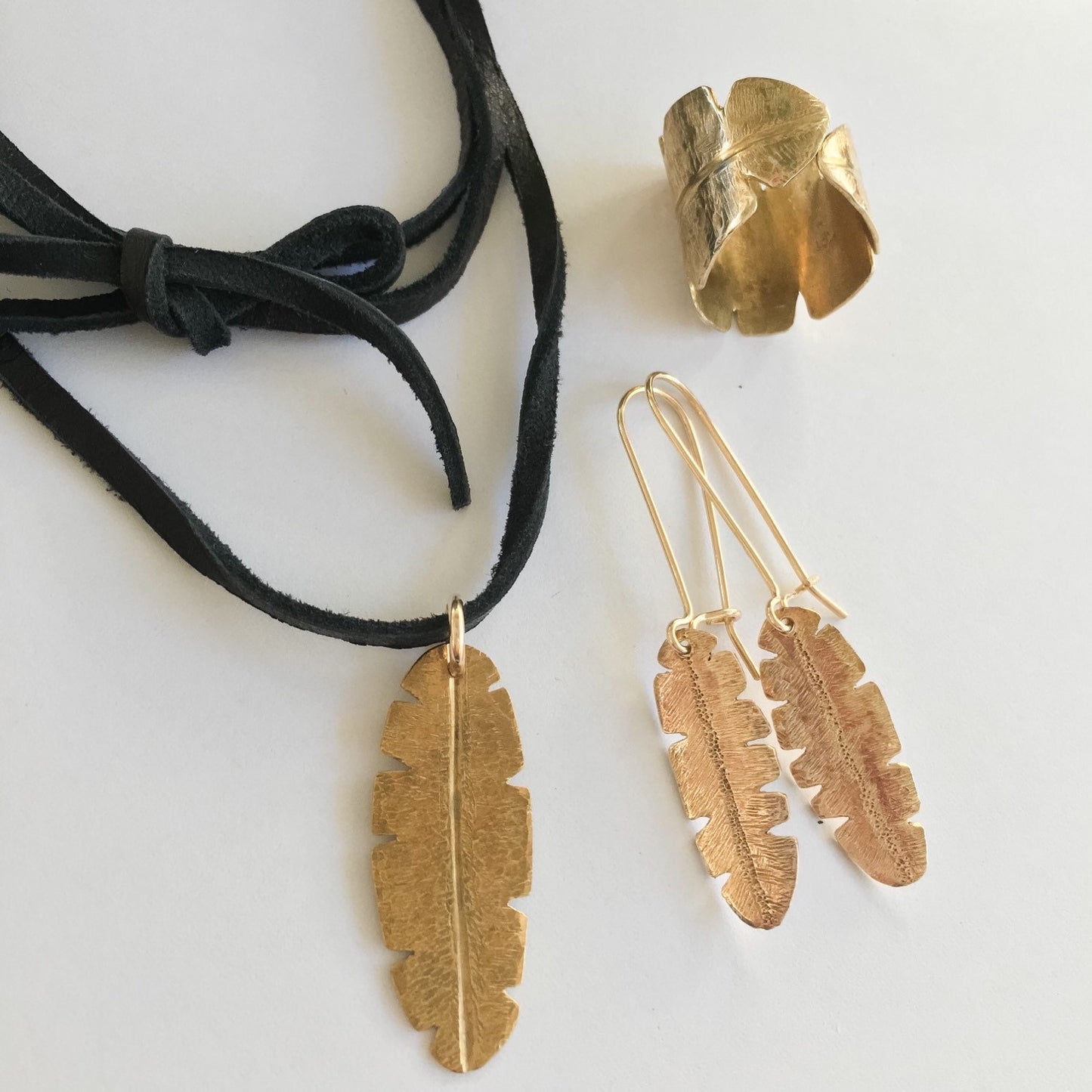 Gold and Brass Banana Leaf Earrings by Maribelle Campa