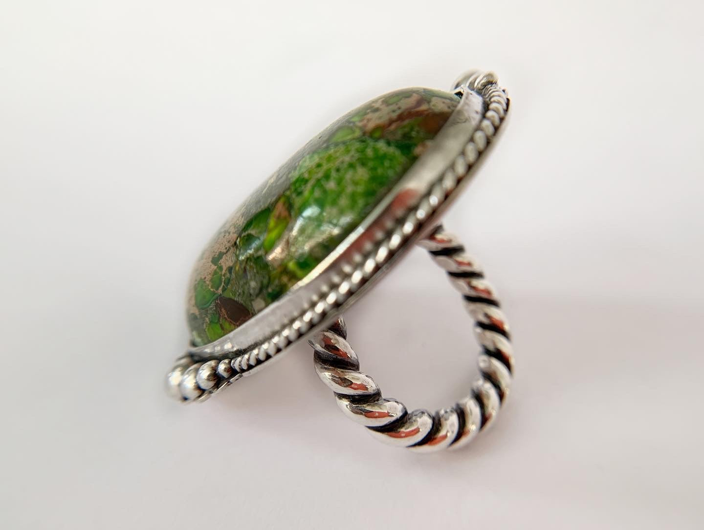 Green Jasper Silver Ring Size 9 by Maribelle Campa