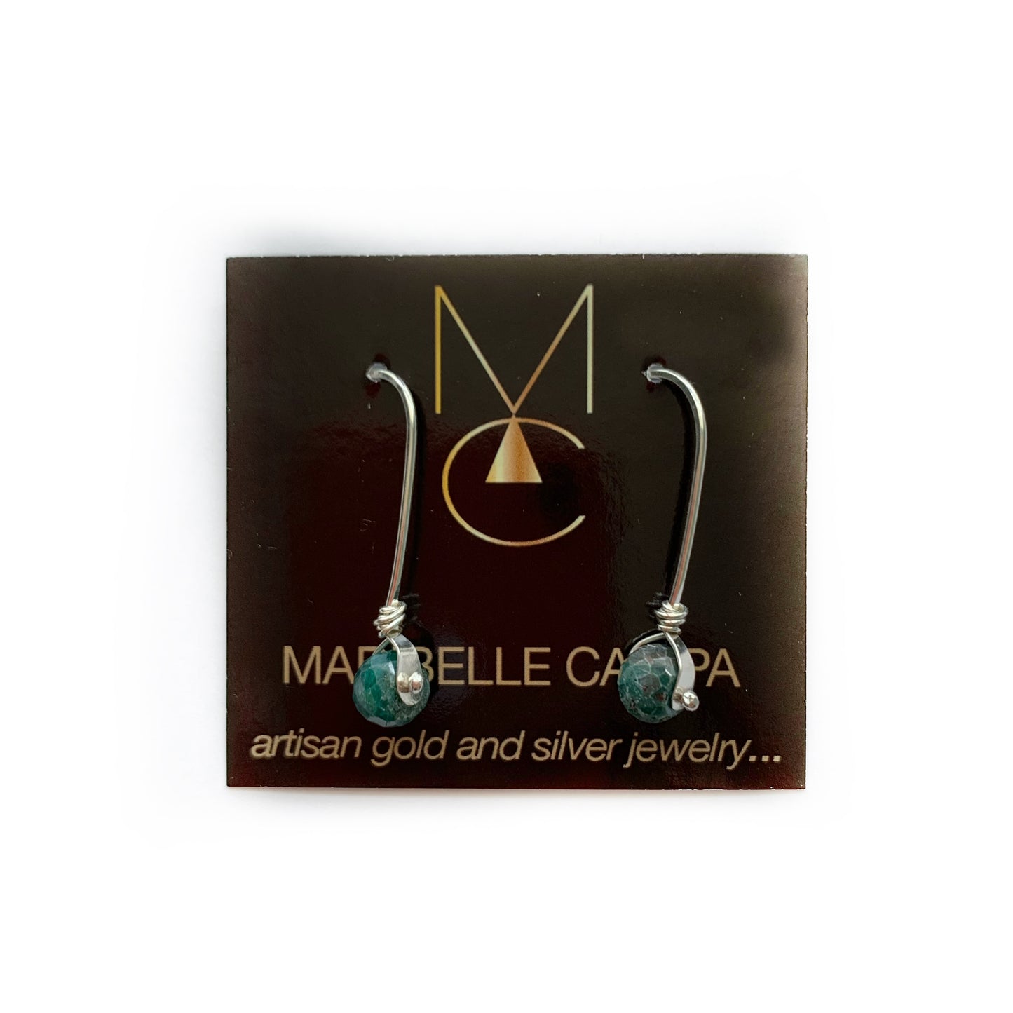 Emerald Silver Dangle Earrings by Maribelle Campa